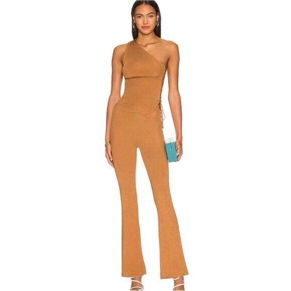 h:ours Revolve Women’s Octa Lace Up Copper Ribbed One Shoulder Pull-on Flare Pan - Picture 1 of 16